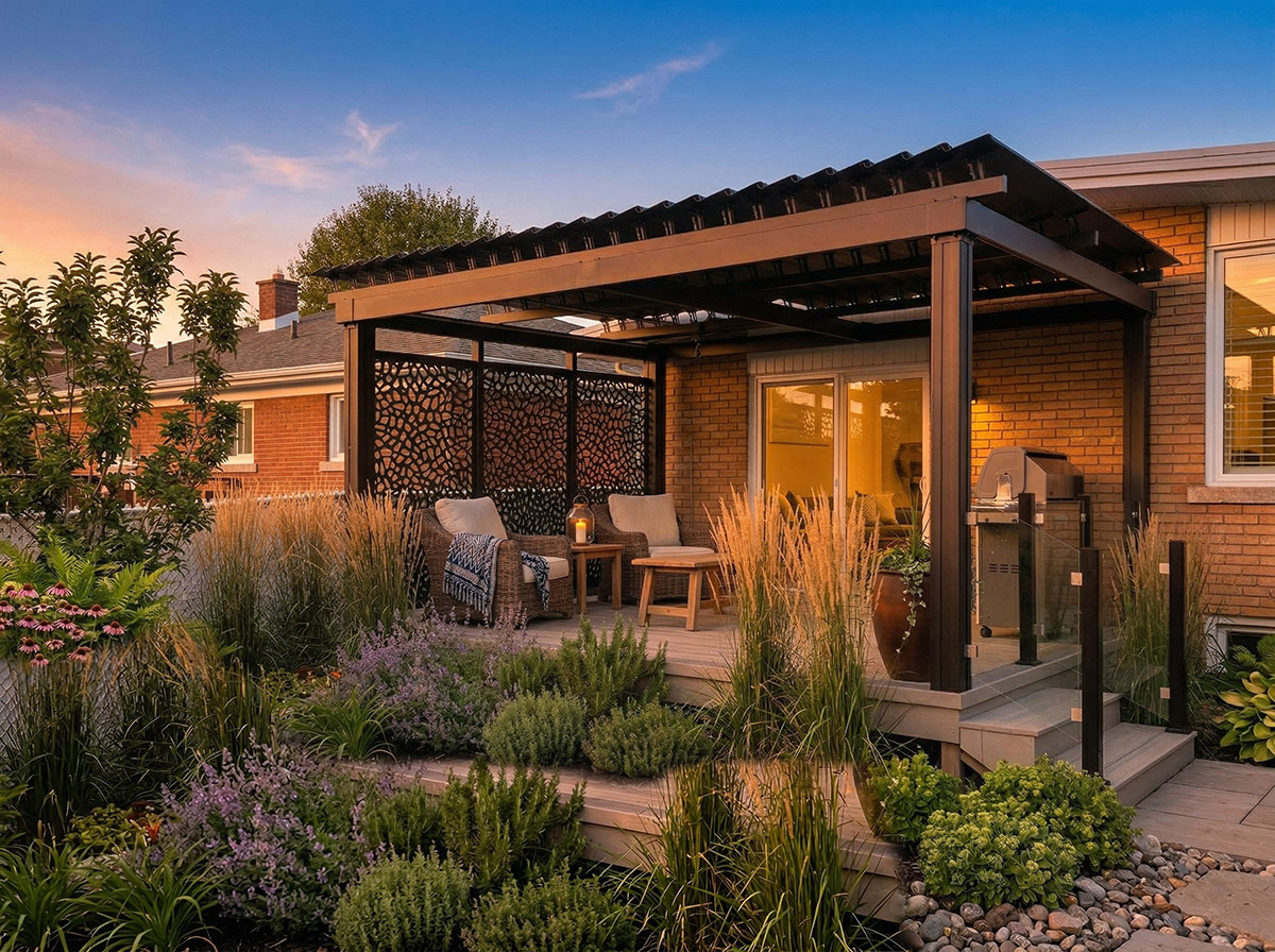 Pergola SunLouvre Pergolas au crépuscule, le panneau d&rsquo;intimité ferme le fond de la terrasse au milieu d&rsquo;un aménagement paysager