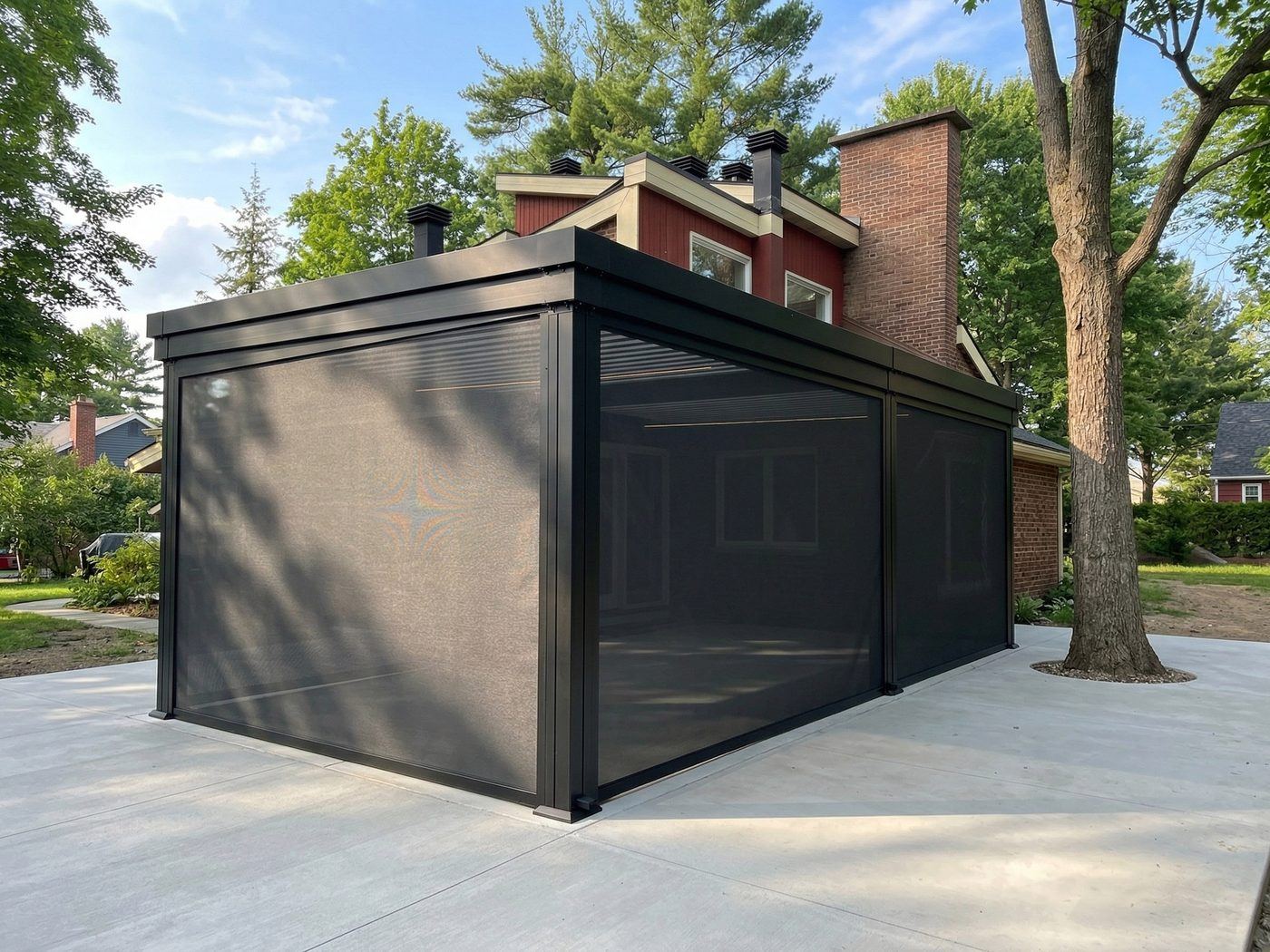 Pergola en aluminium noir SunLouvre Pergolas avec les toiles motorisées entièrement déployées sur deux côtés, créant un espace ombragé et à l'abri des regards