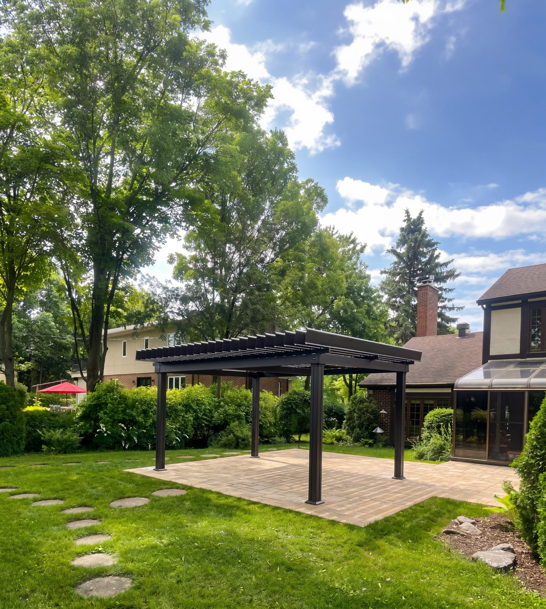 Pergola at the heart of a landscaped garden