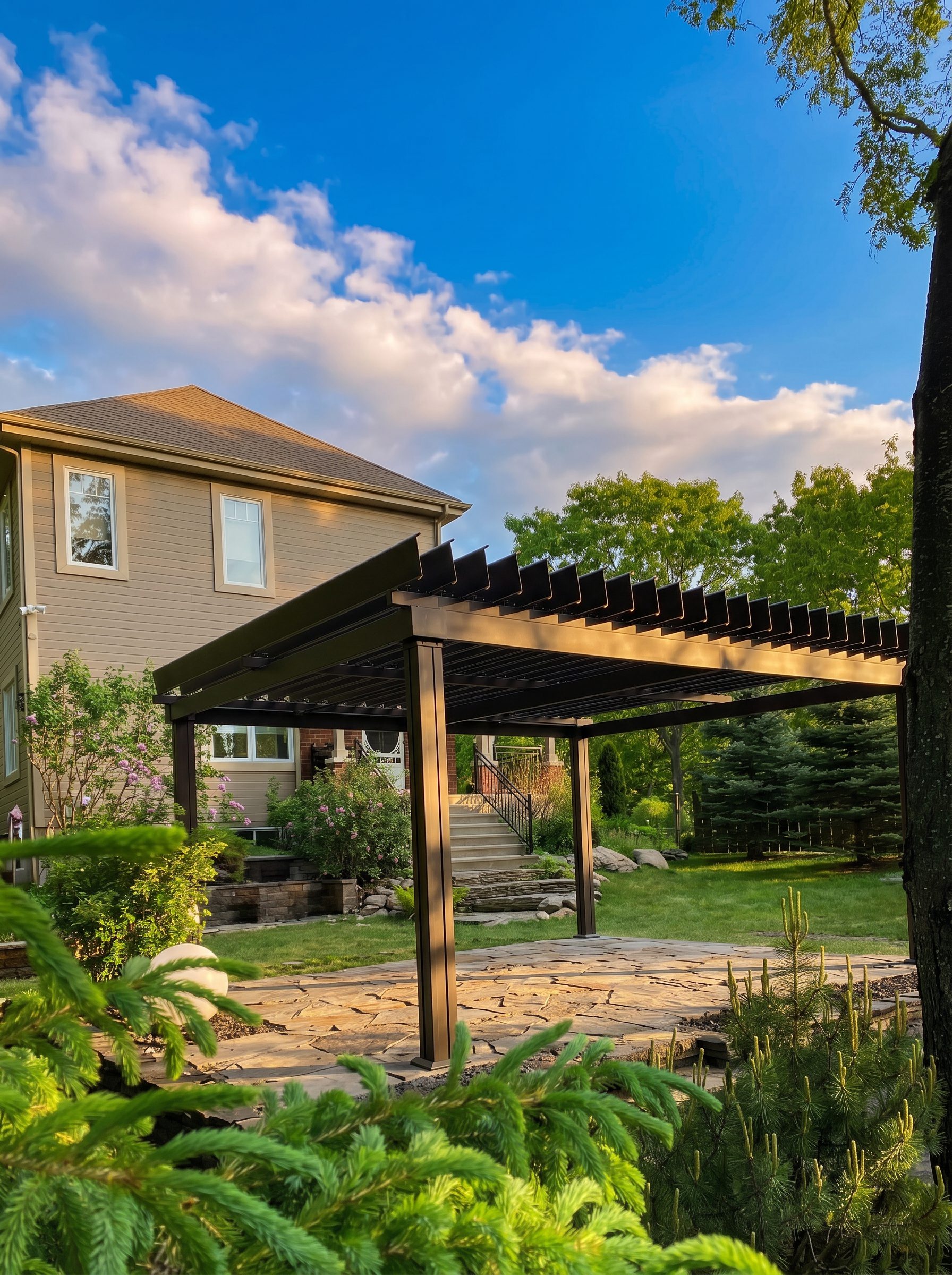Pergola at sunset, stone staircase