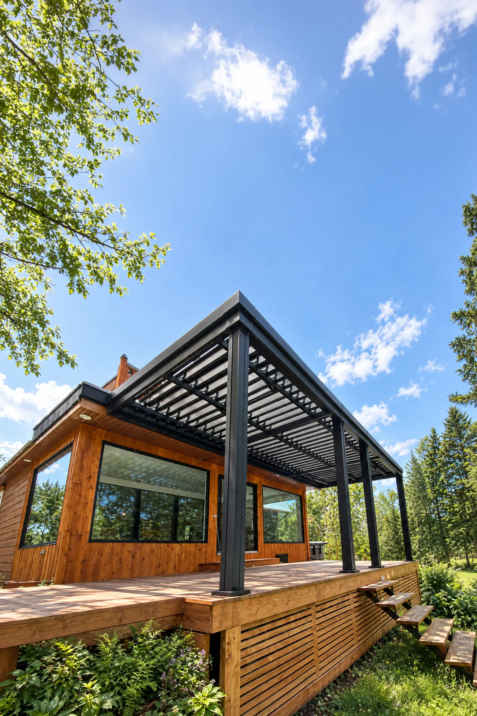 Pergola à lames intégrées noire SunLouvre Pergolas sur la terrasse en bois d'une maison en cèdre, vue en contre-plongée sous un ciel bleu