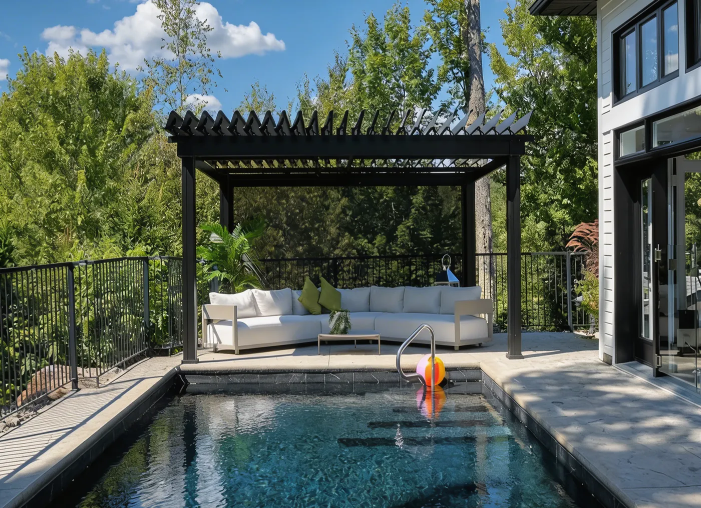 SunLouvre Pergolas bioclimatic pergola with adjustable louvers open, letting light through