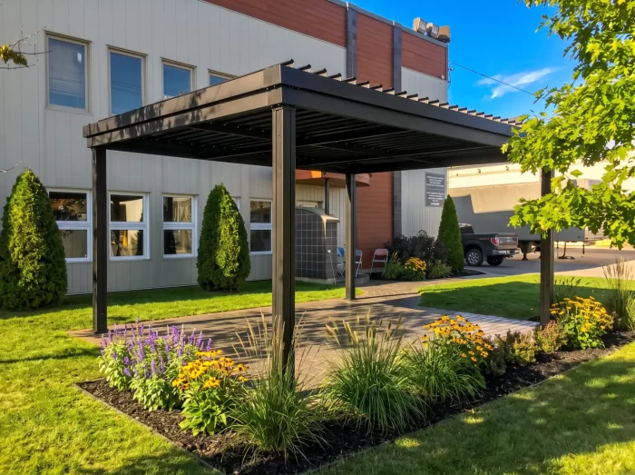 Dark pergola over the walkway and its landscaping, Amex Bois-Franc in Plessisville