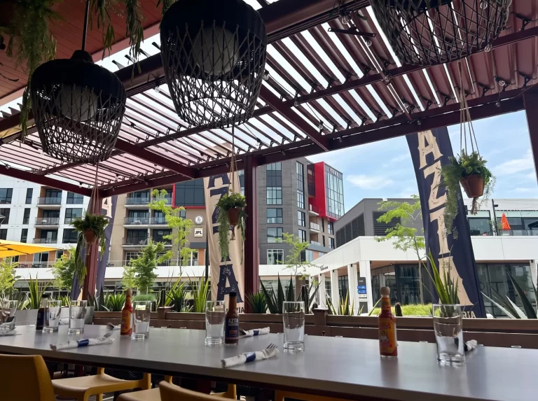 Comptoir sous la pergola rouge et ses suspensions végétales, AZTA Taquéria à Gatineau