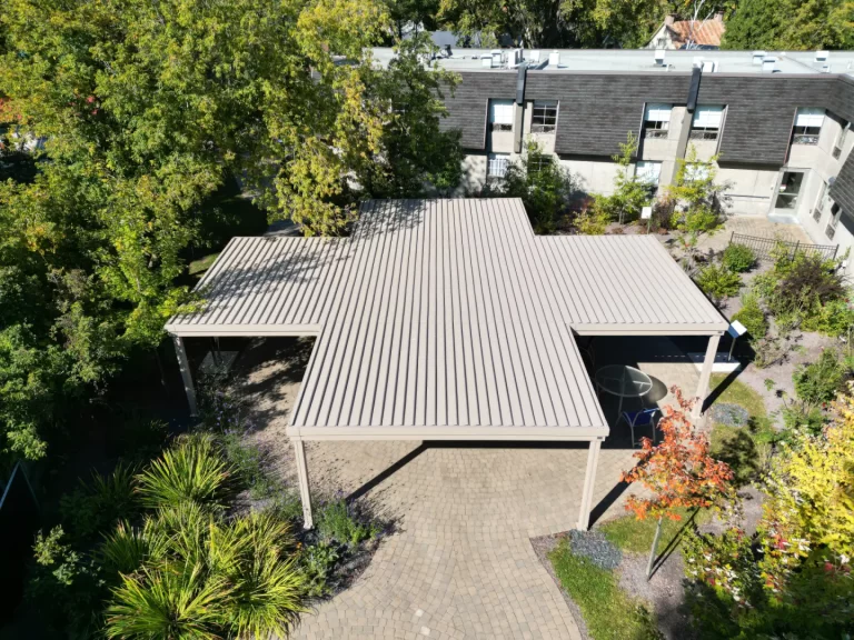 Aerial view of the inner courtyard pergolas, CHSLD Jeanne-Crevier in Boucherville