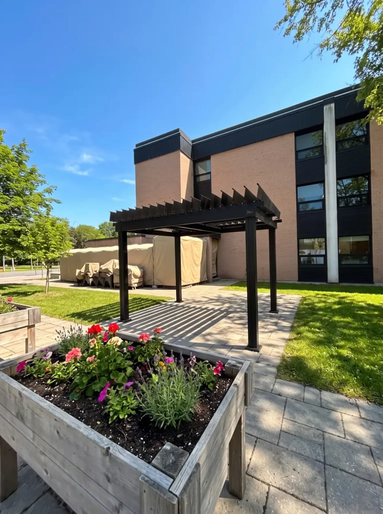 Pergola and flower planters at the foot of the building, CHSLD de Loretteville in Québec