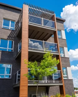 Façade de l'immeuble et balcons superposés, Condo constructions Tremblay à Granby