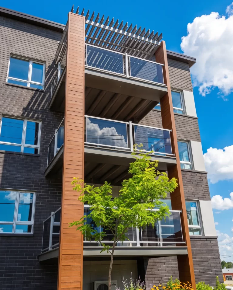 Façade de l'immeuble et balcons superposés, Condo constructions Tremblay à Granby
