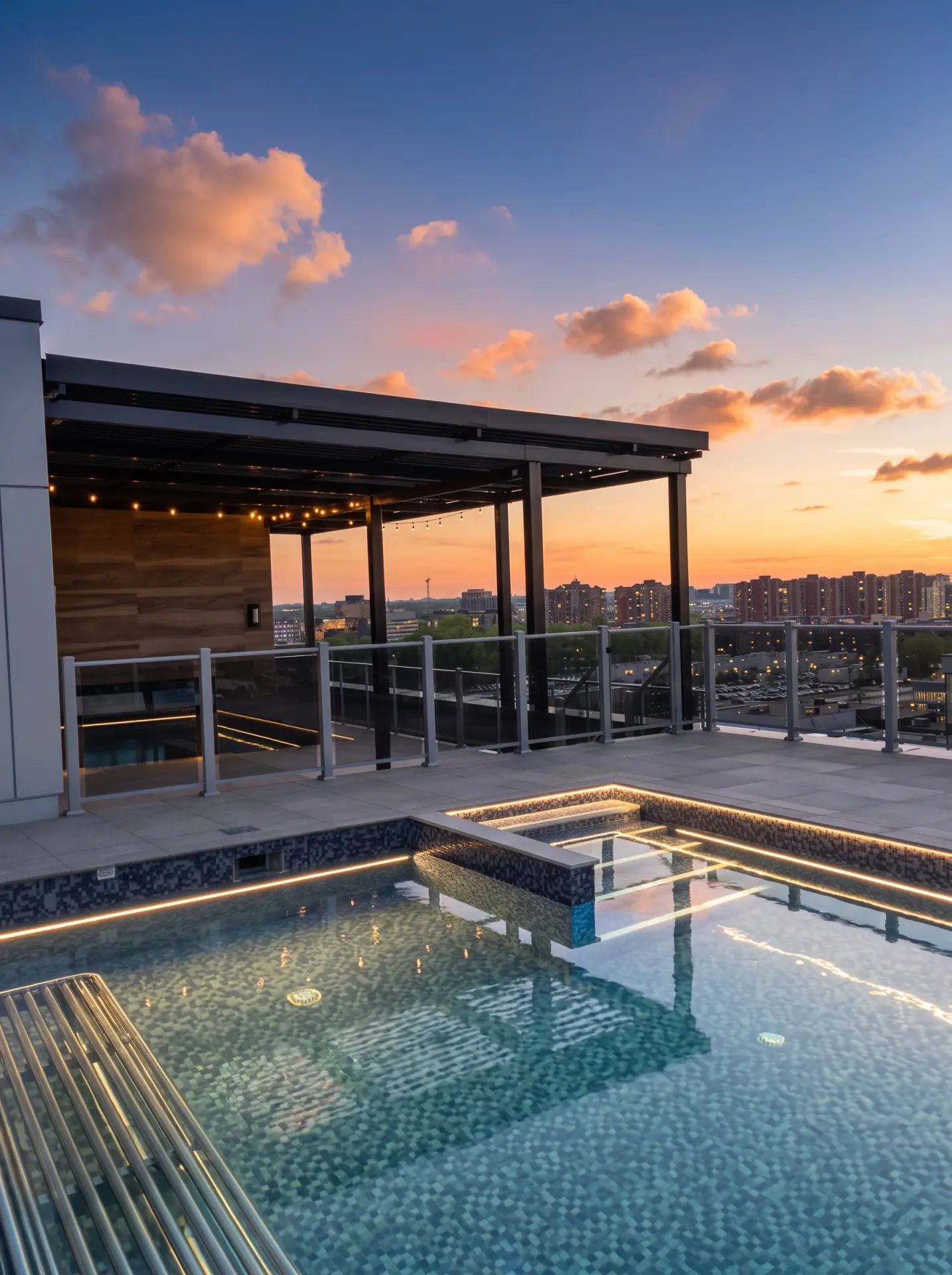 Piscine sur toit et pergola sombre au coucher du soleil, Condo La Marquise Phase 2 à Laval