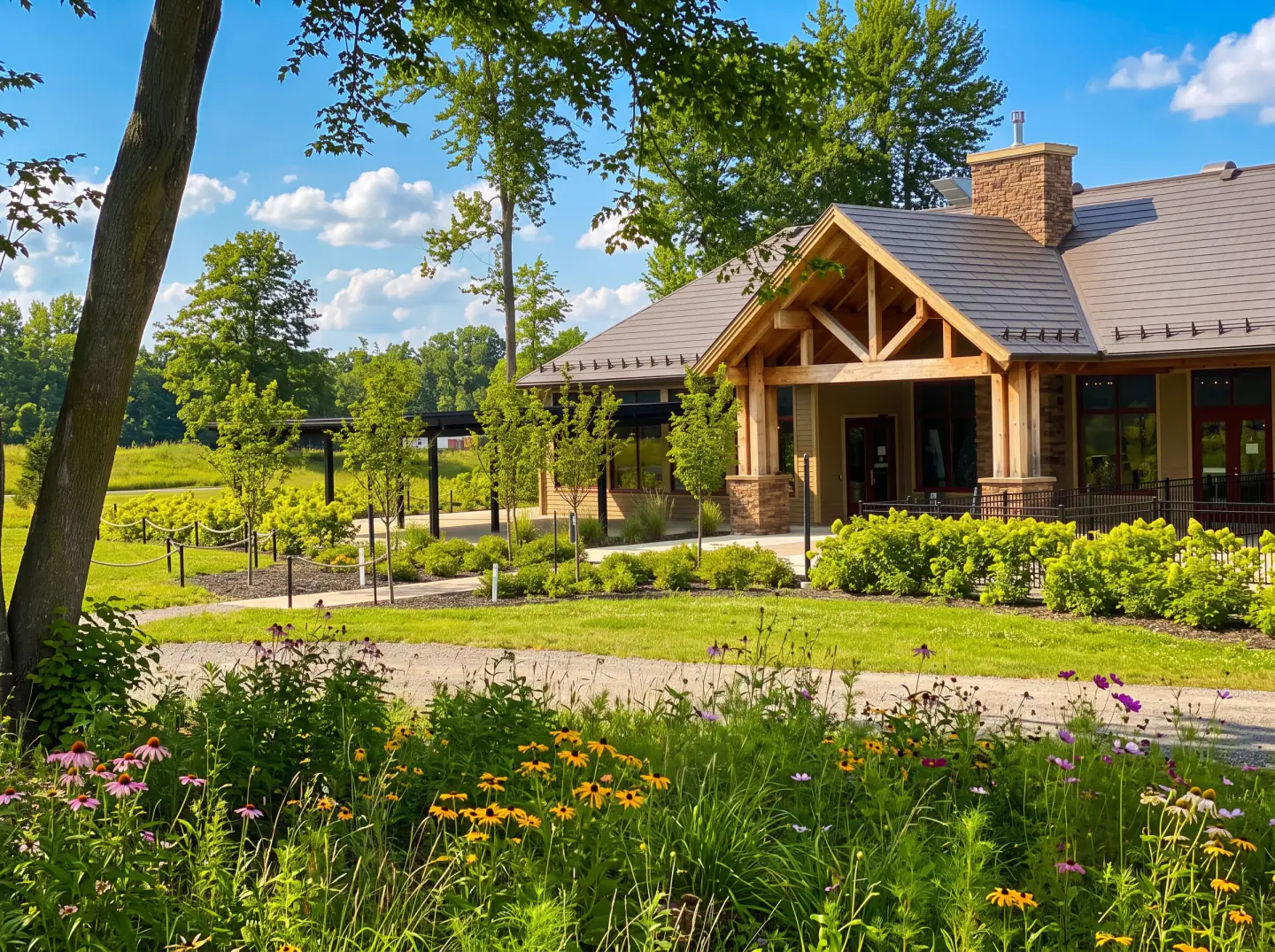 Pavillon de bois et jardins aménagés, Mystic Pines à Kahnawake