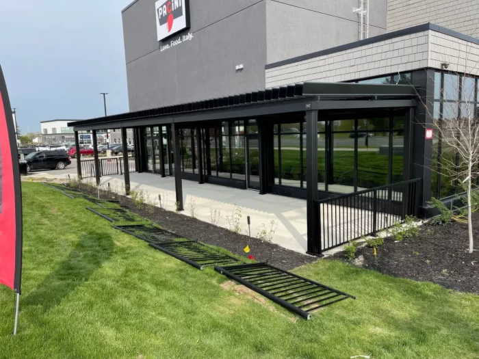 Black pergola over the restaurant's glazed terrace, Pacini in Mississauga