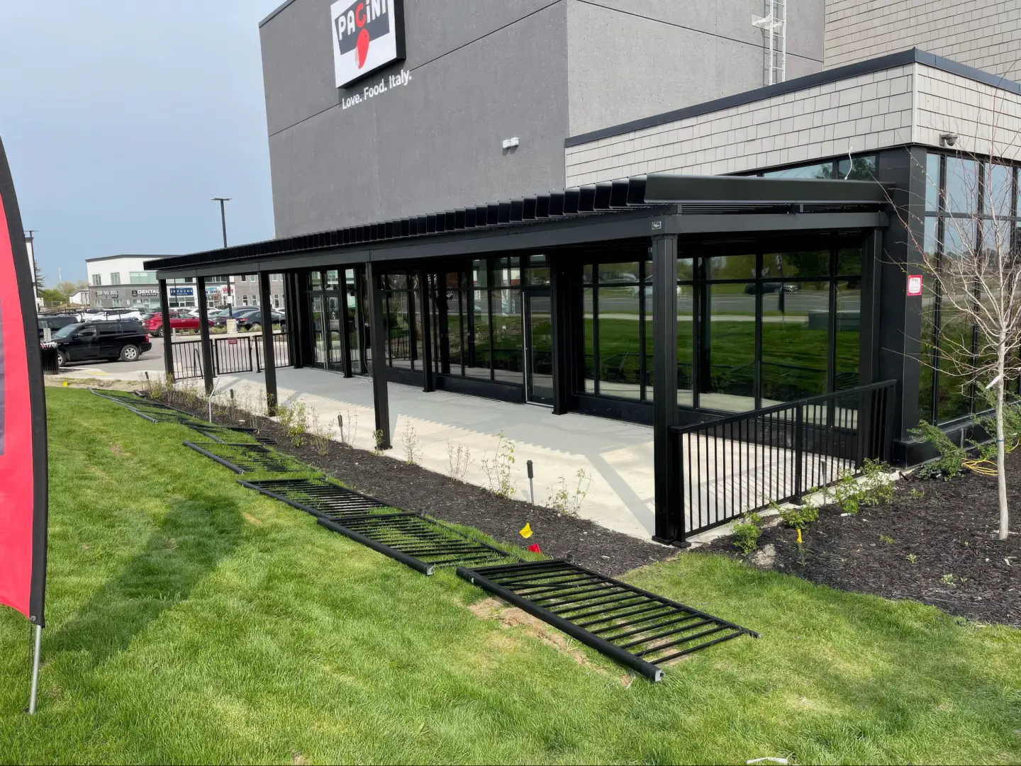 Black pergola over the restaurant's glazed terrace, Pacini in Mississauga