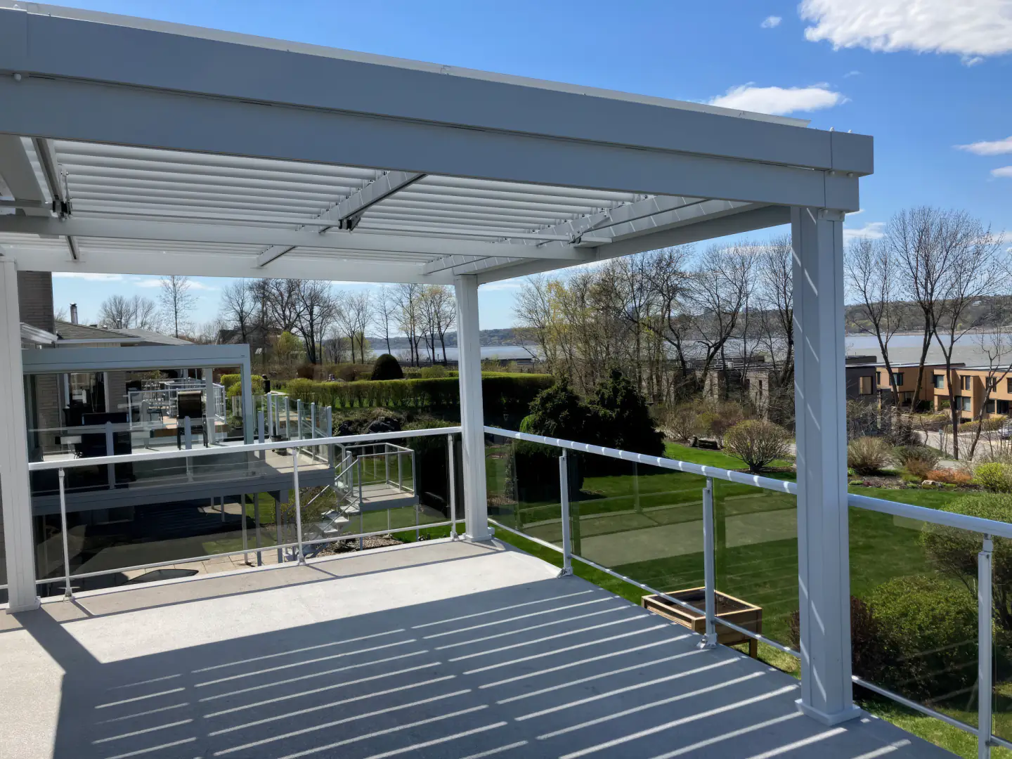 White pergola over the deck overlooking the river, Port of Québec