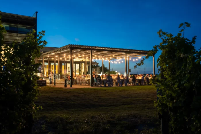 Vineyard terrace lit at dusk, Stratus Vineyards in Niagara-on-the-Lake