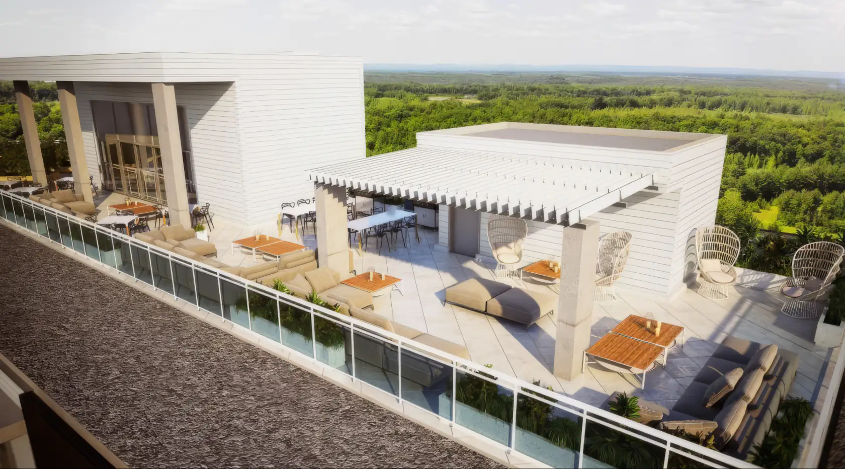 Illustration du projet : terrasse de toit et pergola blanche, Condos Terranova à Terrebonne
